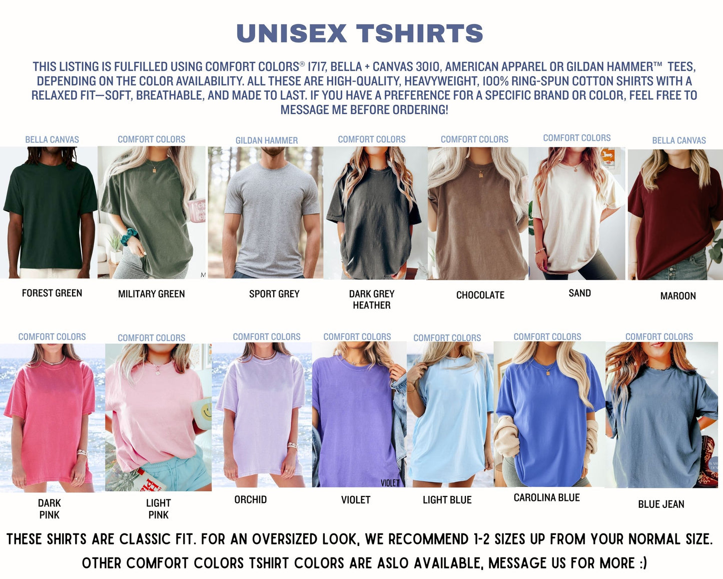 The image is a collage of various t-shirt designs, each with different colors and styles, showcasing a range of comfort colors for t-shirt designs.