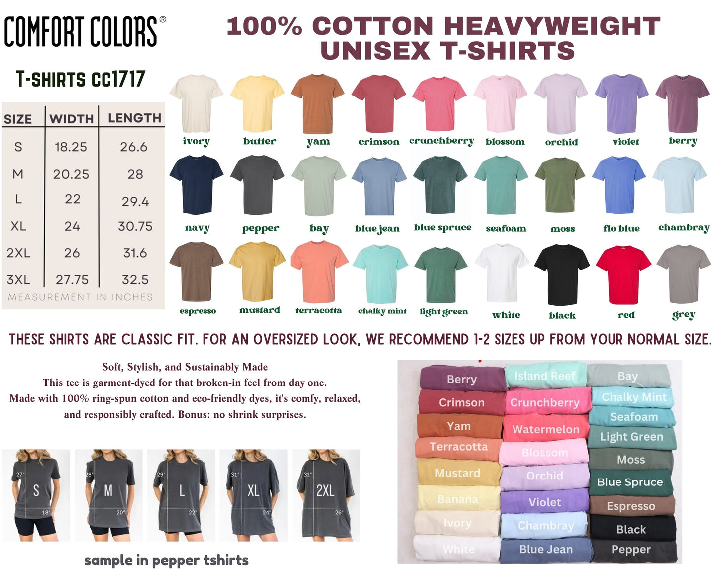 The image is a collage of various t-shirt designs in different colors and sizes, along with a list of recommended sizes for an oversized t-shirt.