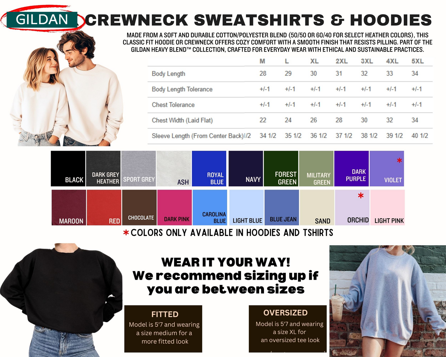 The image is a collage of various images related to crew neck sweatshirts and hoodies, including a man and a woman posing together, a man and a woman wearing different colored sweatshirts, and a man and a woman wearing different colored hoodies. The image also includes a size chart for crew neck sweatshirts and hoodies, and a message encouraging the viewer to wear the clothing as recommended.