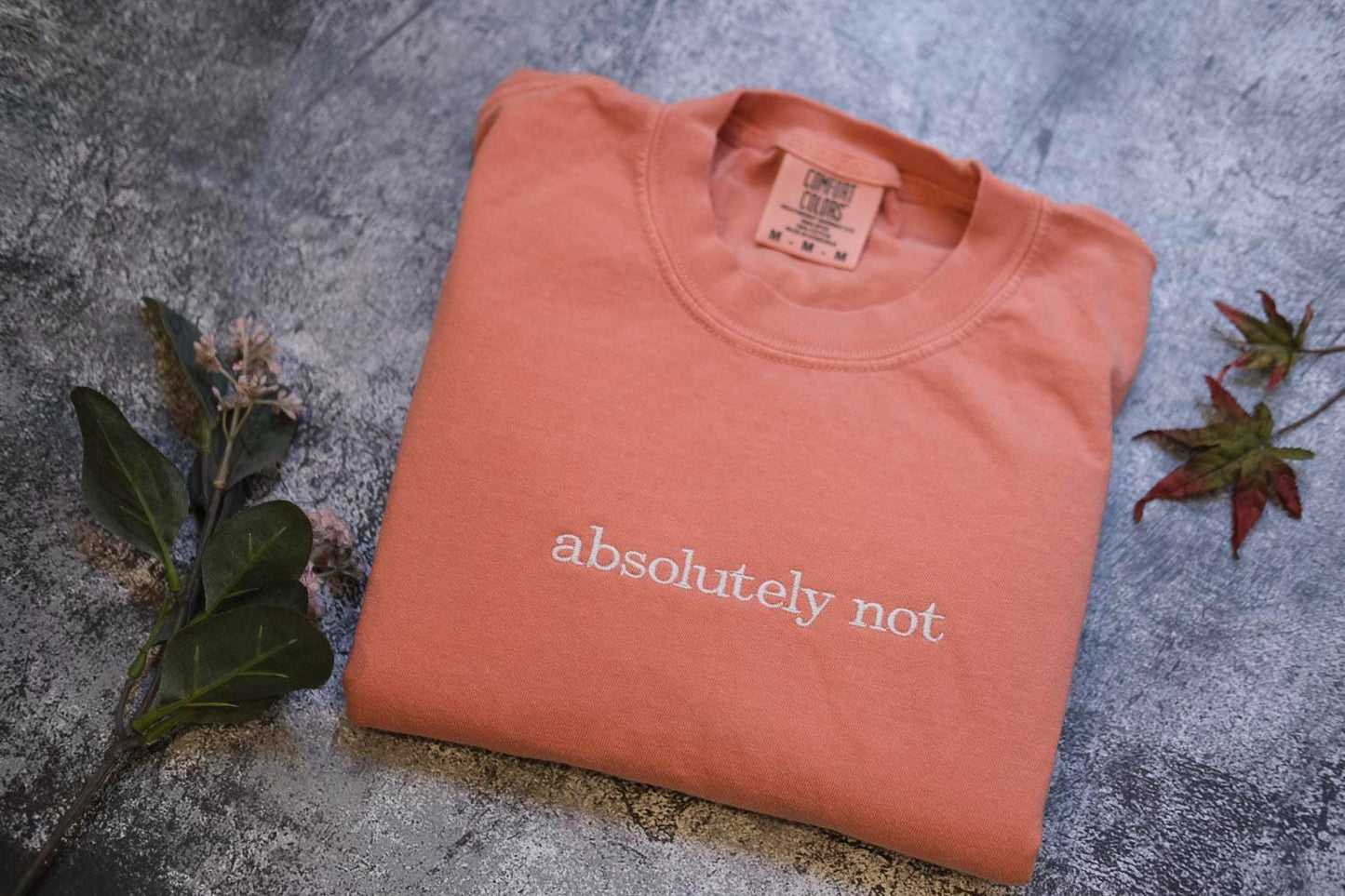 a pink t-shirt with the text "absolutely not" printed on it, along with some leaves and a small plant.