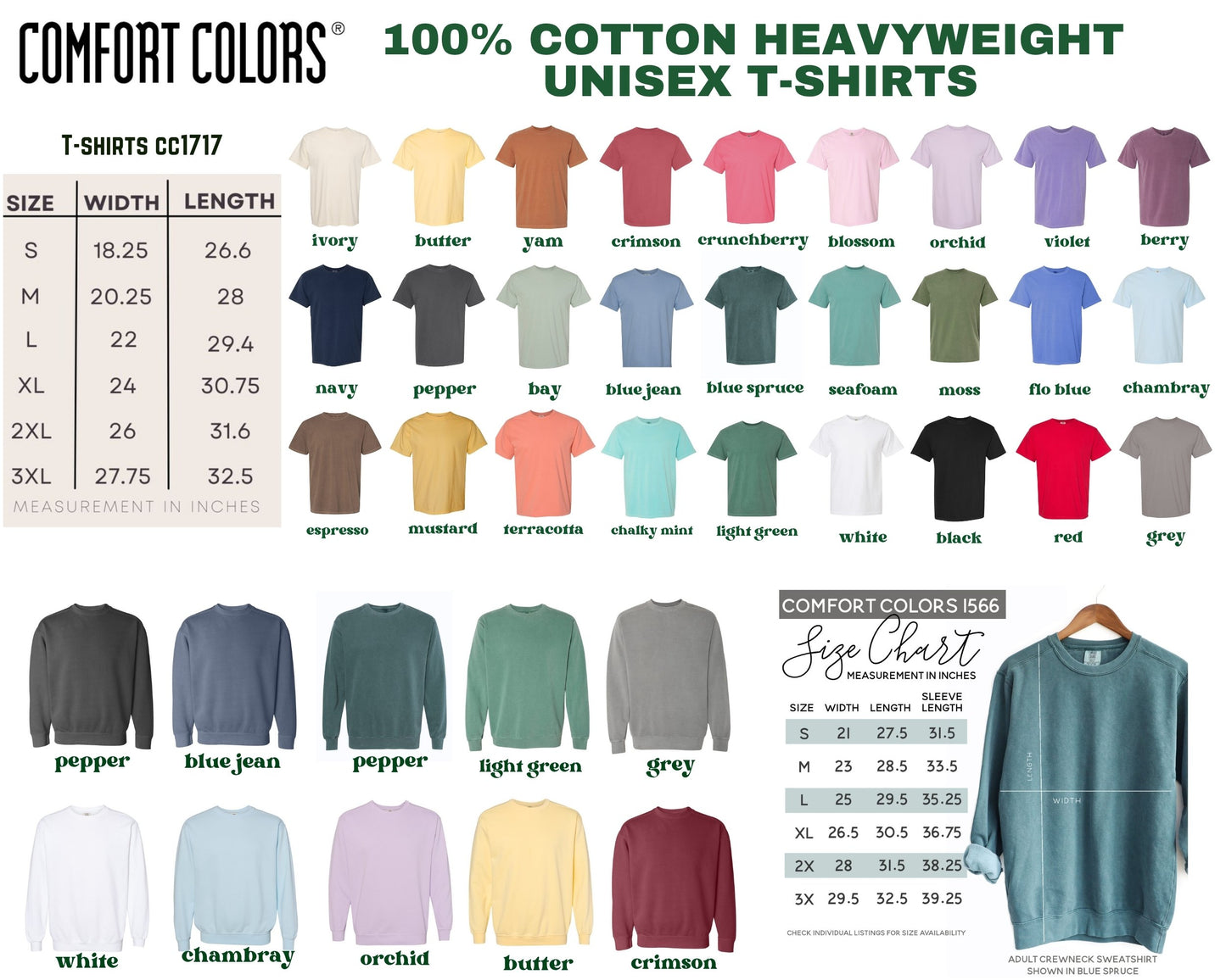 The image is a color swatch for cotton heavyweight unisex t-shirts, featuring a variety of sizes and styles. The swatch displays different color options, including white, blue jeans, pepper, light green, grey, and various other colors. The image also includes a size chart that provides measurements for each color option, allowing customers to choose their preferred size.