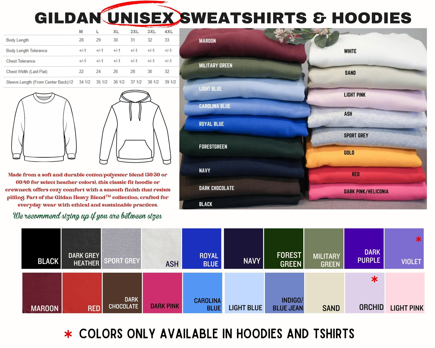 The image is a collage of various sweatshirts and hoodies in different colors, including military green, white, red, black, navy, and more.