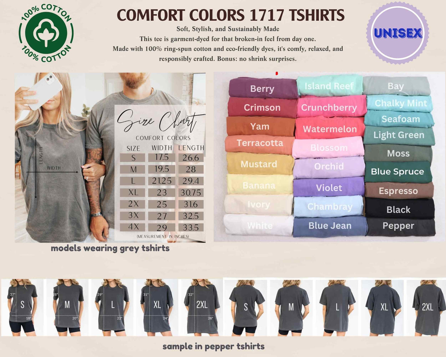 The image is a collage of various gray t-shirt designs, including different sizes and styles, along with a size chart and models wearing the t-shirts.