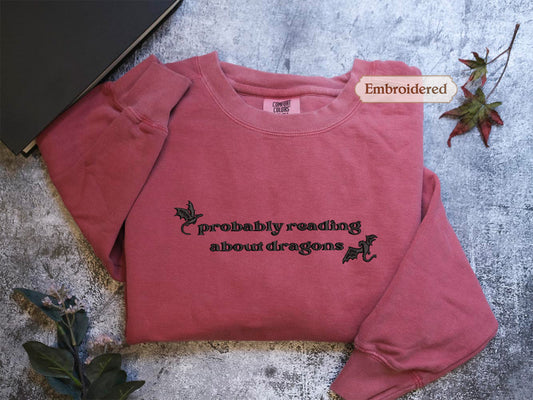 A pink sweatshirt with the text "probably reading about dragons" printed on it, along with a small dragon design. The sweatshirt is placed on a gray surface, with a leaf and a book visible in the background.