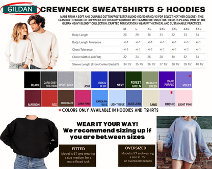 The image is a collage of various images related to crew neck sweatshirts and hoodies, including a man and a woman posing together, a man and a woman wearing different colored sweatshirts, and a man and a woman wearing different colored hoodies. The image also includes a size chart for crew neck sweatshirts and hoodies, and a message encouraging the viewer to wear the clothing as recommended.