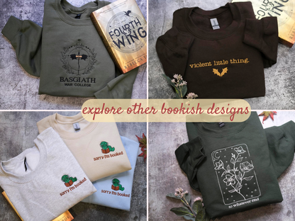 The image is a collage of four images featuring various bookish designs, including t-shirts, sweatshirts, and book-themed apparel.