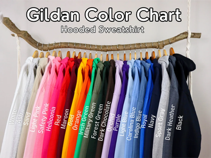 A collection of colorful hooded sweatshirts hanging on a wooden hanger, with a color chart displayed above them.