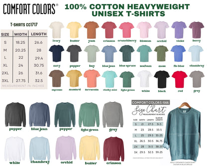 The image is a color swatch for cotton heavyweight unisex t-shirts, featuring a variety of sizes and styles. The swatch displays different color options, including white, blue jeans, pepper, light green, grey, and various other colors. The image also includes a size chart that provides measurements for each color option, allowing customers to choose their preferred size.