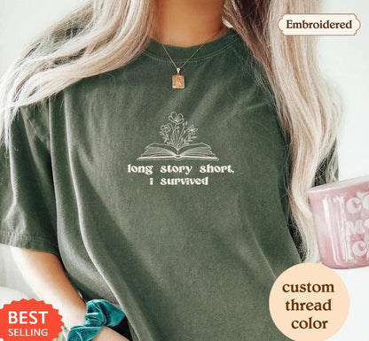 a woman wearing a green long story short t - shirt