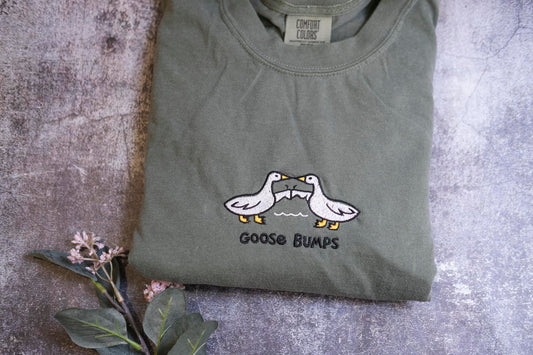 a gray t-shirt with a graphic design of two cartoon ducks, one with a fish in its mouth, and the text "GOOSE BUMPS" below the image.