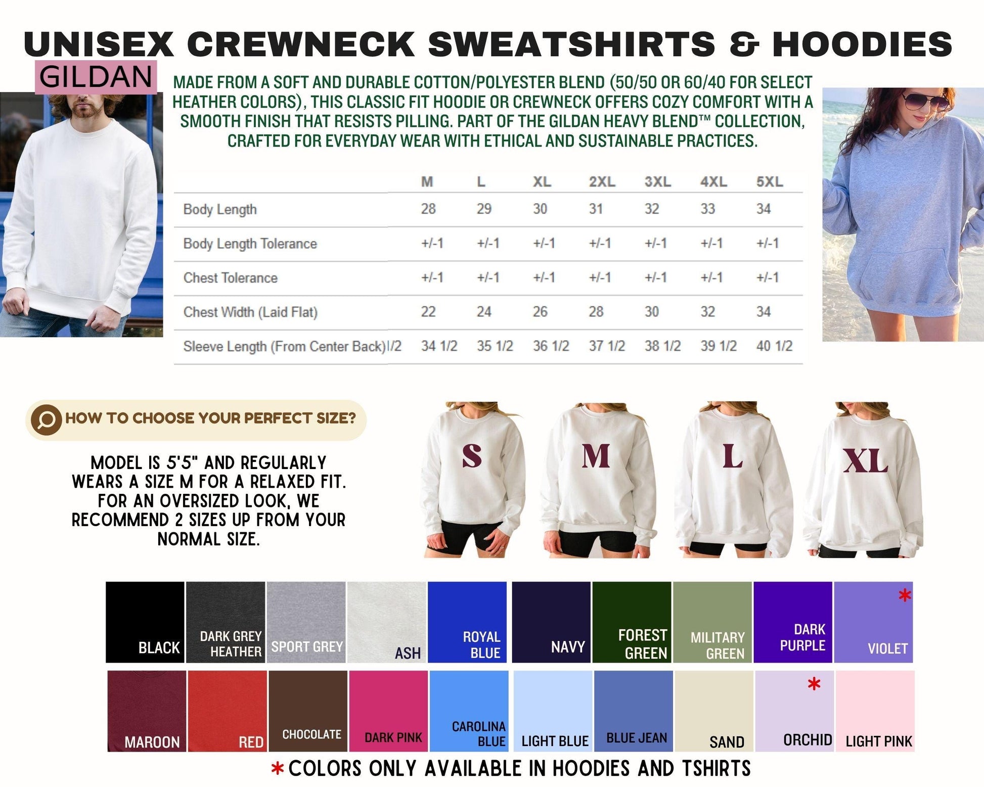 The image is a collage of various images featuring different styles of unisex crew neck sweaters and hoodies. The images showcase the different sizes and colors available in the collection, along with a guide on how to choose the perfect size.