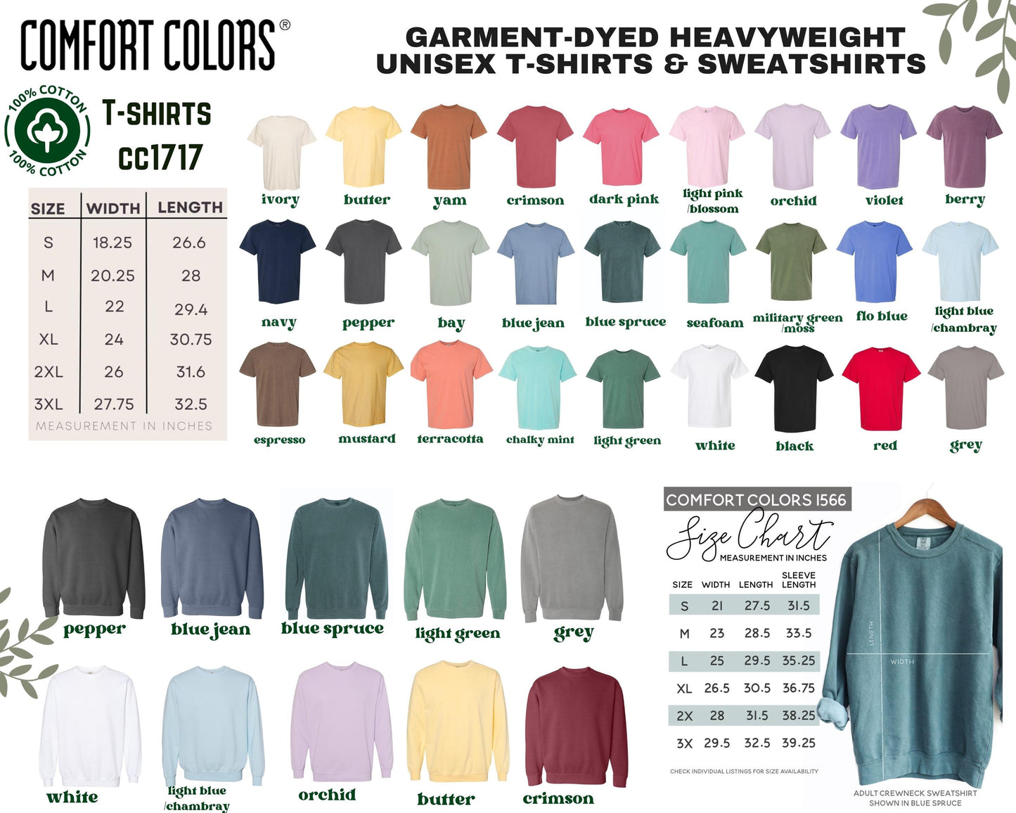 The image is a color chart for various sizes of T-shirts and sweatshirts, displaying a range of colors from white to dark pink.