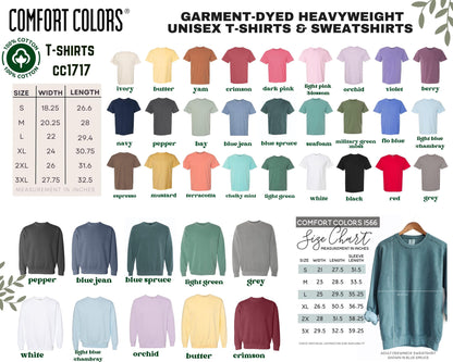 The image is a color chart for various sizes of T-shirts and sweatshirts, displaying a range of colors from white to dark pink.